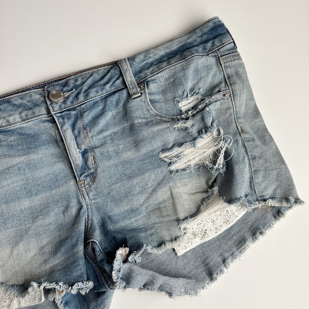 American Eagle Super Low Shortie Shorts Womens 16 Blue Lace Pockets Stretch
